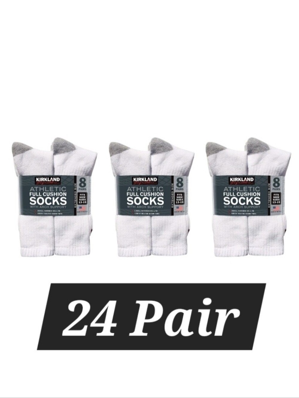 Kirkland Signature Men’s Full Cushioned Crew Socks Cotton Rich 24 Pair Fits 8-12
